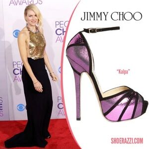 Jimmy Choo Kalpa Purple Snakeskin Shimmer Black Ankle Strap Sandals Shoe $1,500+